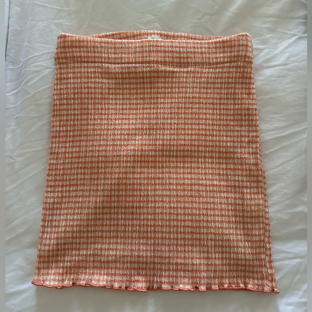WILFRED Aritzia Reunion Seersucker High-Waisted Tube Skirt Size XS Orange/White